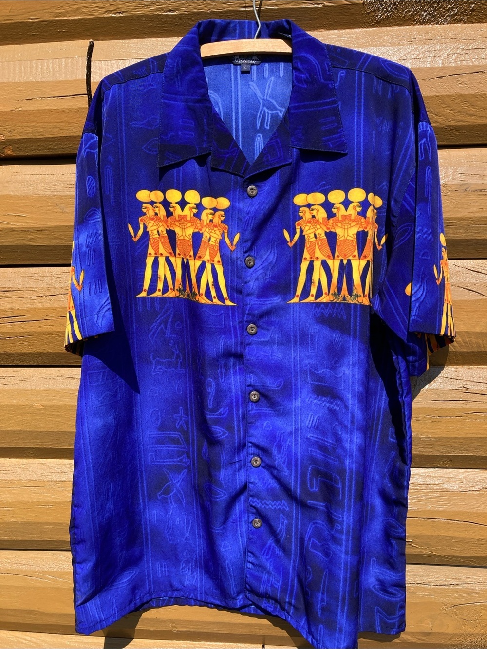 Yucateca mens L Egyptian print short sleeve button down shirt multi tone blue